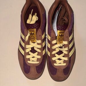 Adidas Brown and Purple Sneakers with Cream Stripes